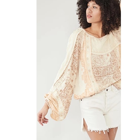 Free people Boom Boom Patchwork Embroidery Blouse Shirt Boho Neutral Open Back - Picture 5 of 13